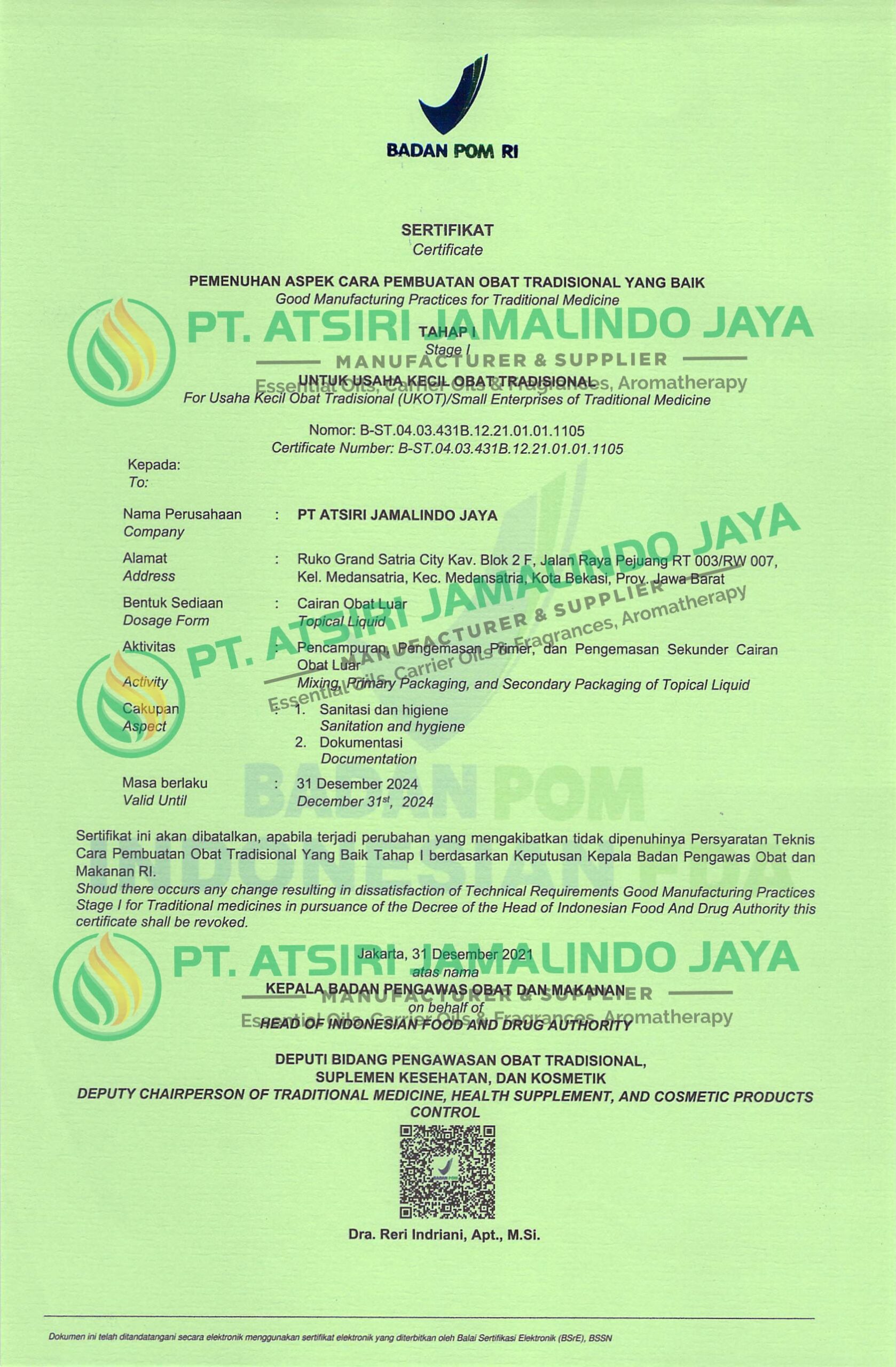 Sertifikat CPOTB Tahap I PT Atsiri Jamalindo Jaya (1)